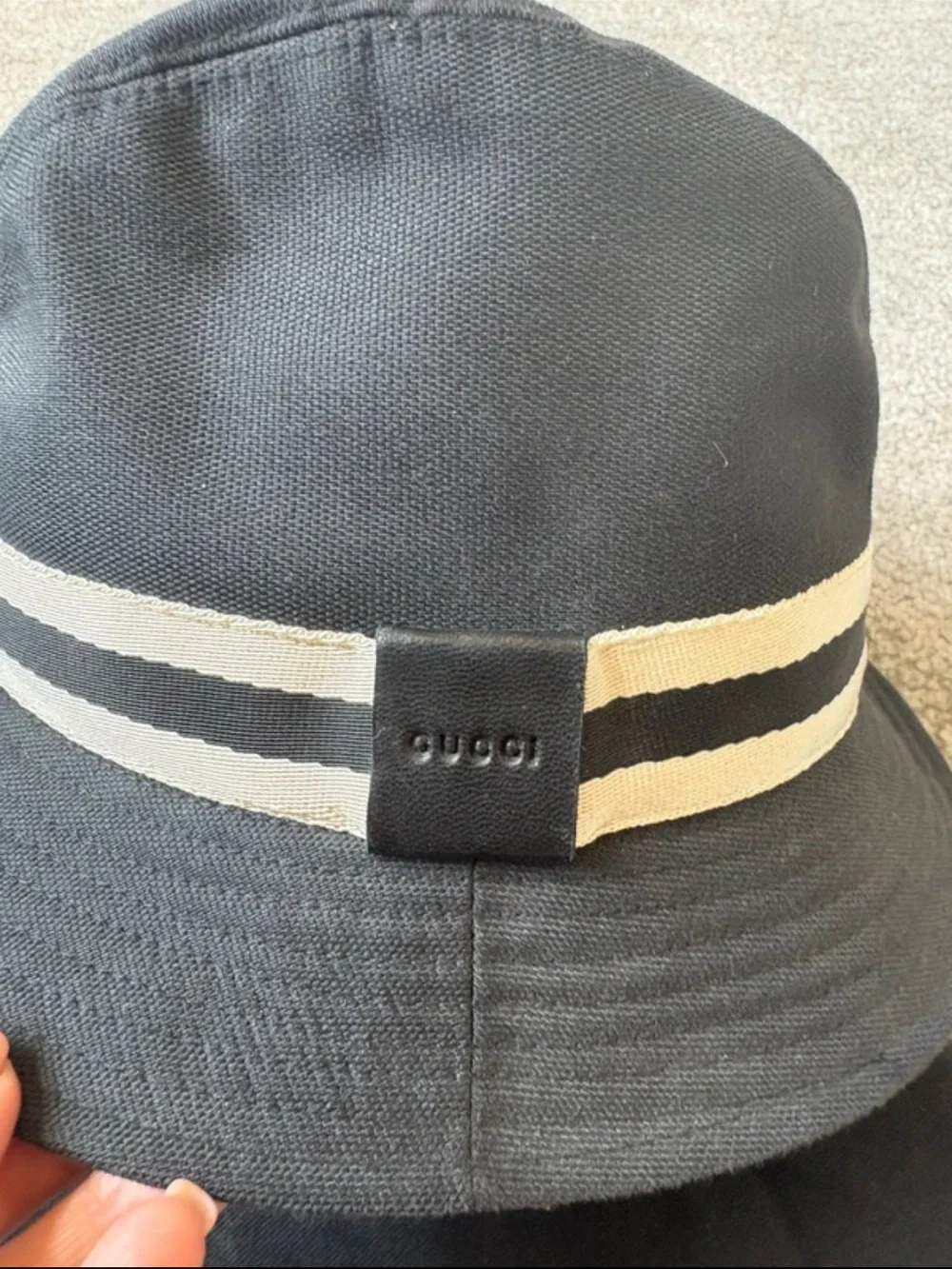 Gucci Black Bucket Hat with White Stripe Band
